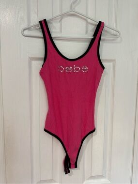 bebe Hot Pink Rhinestone Logo One-Piece with Black Trim